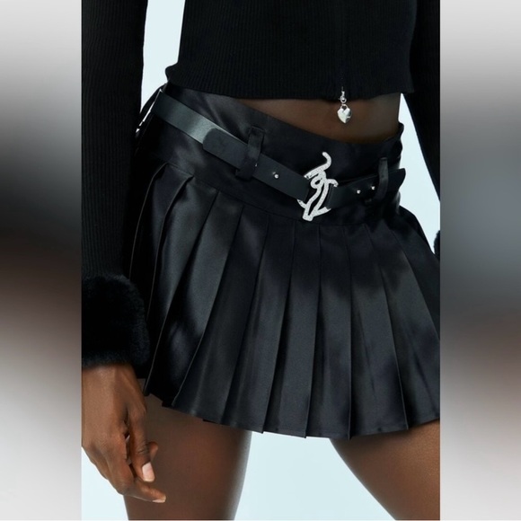 Baby Phat x Forever 21 Skirt Pleated Mini Satin Jeweled Belt Y2K Black Sz XS - Picture 2 of 12